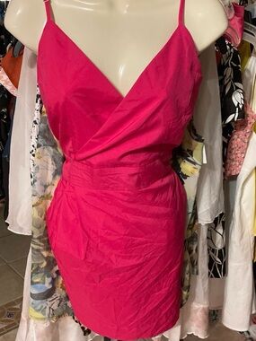 Women's Hot Pink Spaghetti-Strap Wrap short Dress